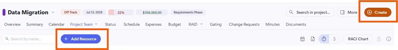 The Add Resource and plus Create controls in the project toolbar